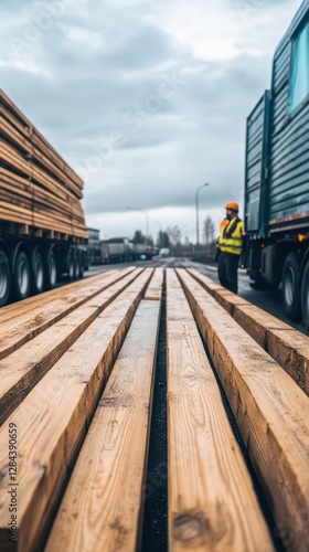 A construction worker stands beside two trucks loaded with freshly delivered lumber. Wooden planks lie on the ground, with gray clouds overhead signaling potential rain photo