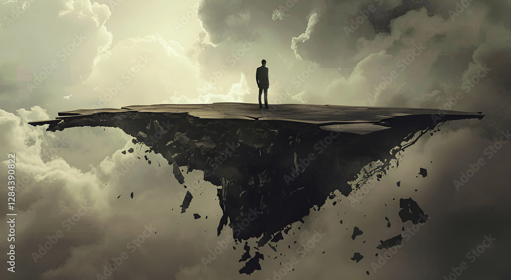 Fototapeta premium Samotność na lewitującej wyspie – surrealistyczna wizja egzystencji.