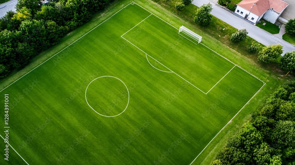 Fototapeta premium Aerial view of a lush green soccer field surrounded by trees and a nearby house : Generative AI