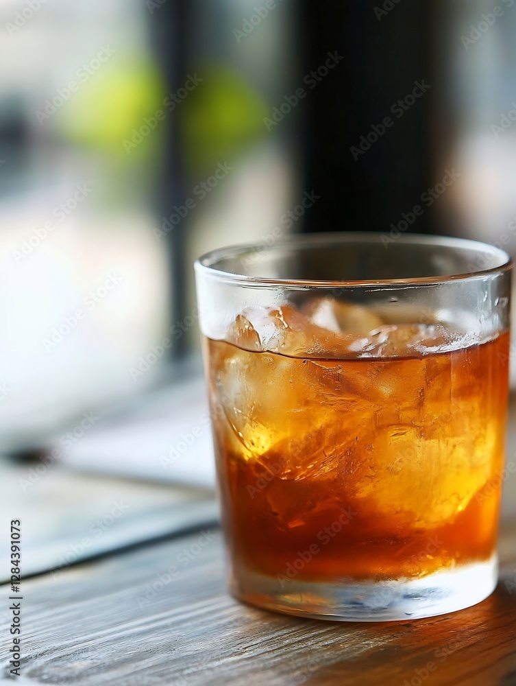 Refreshing closeup of a glass filled with ice and a dark beverage beautifully presented on a wooden table : Generative AI Refreshing closeup of a glass filled with ice and a dark beverage beautifully presented on a wooden table : Generative AI