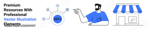 Man gesturing toward a Defi network with icons surrounding it, representing finance, technology, and innovation. Opposite side shows a retail shop. Ideal for fintech, business, innovation, marketing