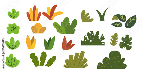 Colorful poppy, happy Cartoon bushes set,Small shrubs,Cute small plants, Design element for forest theme,Hand Drawn design set,Leaf and flower combination type set.