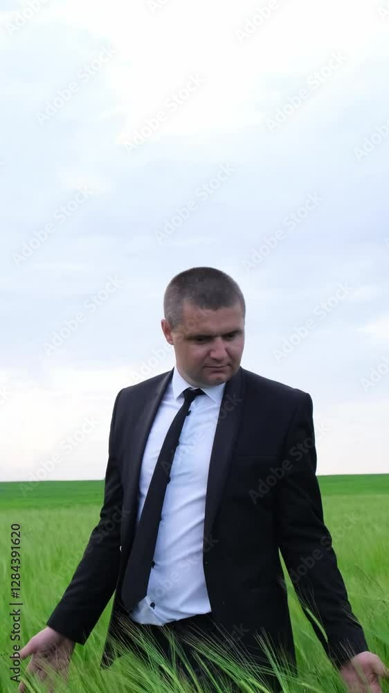 A confident businessman dressed in a formal suit stands proudly in a lush green field, A confident businessman dressed in a formal suit stands proudly in a lush green field,