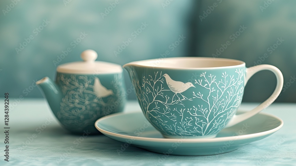 Elegant Chinese Tea Set adorned with ornate bird and blossom motifs Elegant Chinese Tea Set adorned with ornate bird and blossom motifs