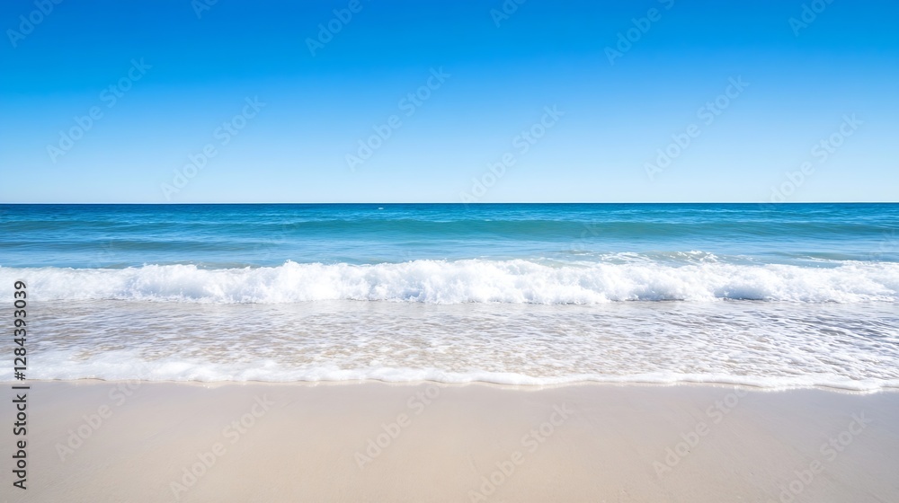 Serene coastal view of turquoise ocean waves gently crashing on a sandy beach under blue skies : Generative AI Serene coastal view of turquoise ocean waves gently crashing on a sandy beach under blue skies : Generative AI
