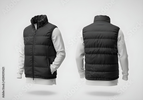 Black puffer vest mockup. Front, back views. Urban style. Versatile design. Suitable for different seasons. Used for fashion, outdoor activities brand presentation. Isolated on white background. photo