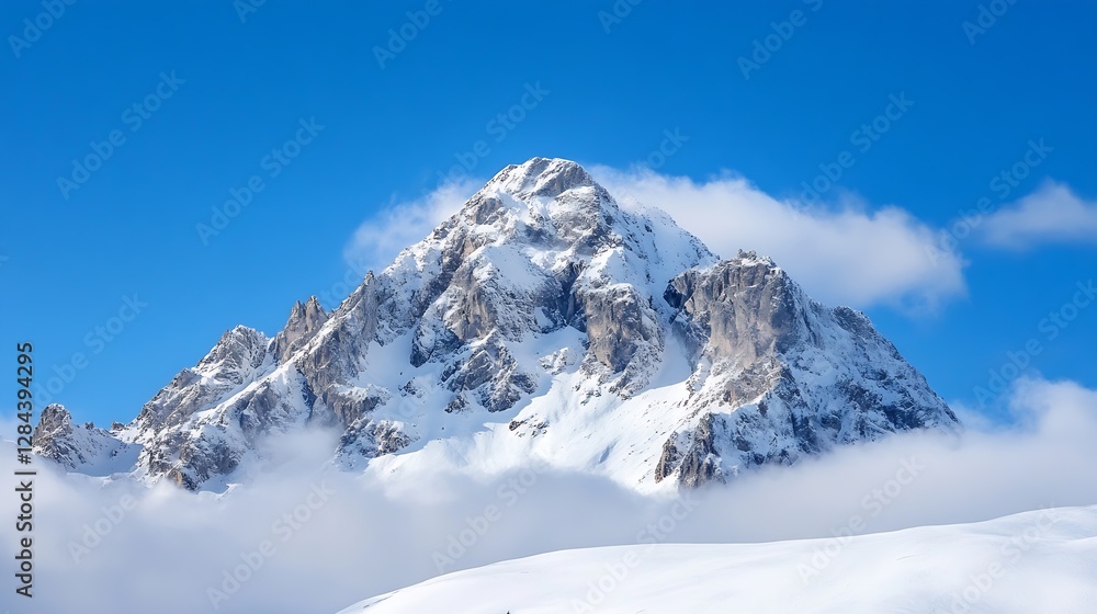 Majestic Snow Covered Mountain Peak Shining Brightly Under a Clear Blue Sky : Generative AI Majestic Snow Covered Mountain Peak Shining Brightly Under a Clear Blue Sky : Generative AI