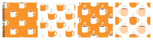 4 seamless patterns featuring coffee mugs and decorative elements in warm tones.