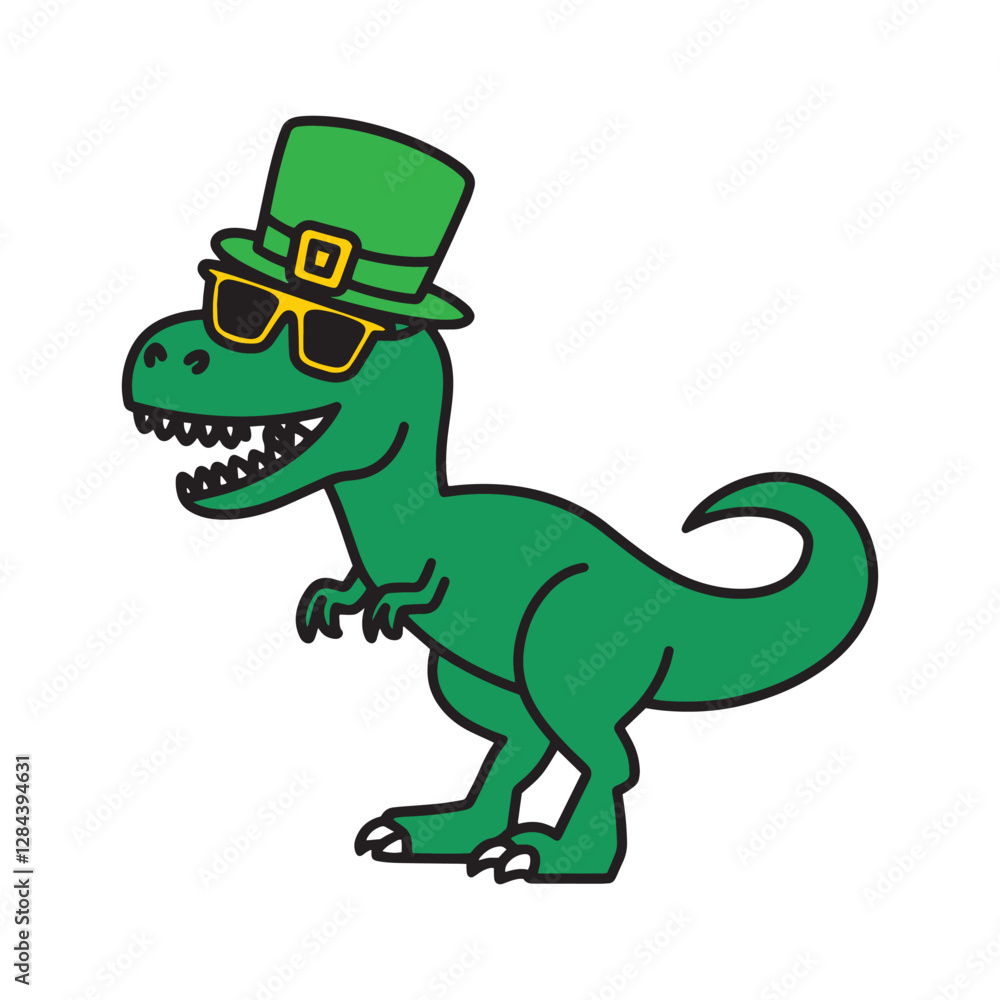Obraz premium Funny St. Patrick’s Day T-Rex Clipart – Irish Dinosaur with Sunglasses and Leprechaun Hat Vector**