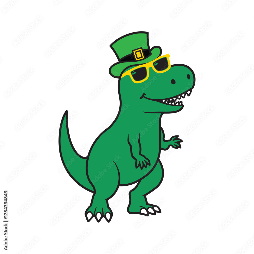 Fototapeta premium **Lucky T-Rex St. Patrick’s Day Vector – Funny Irish Dinosaur Clipart with Leprechaun Hat**