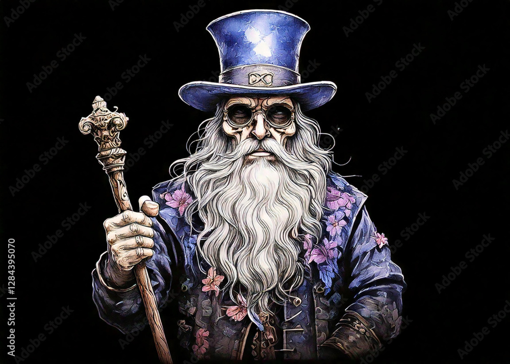 Obraz premium A haunting and eerie portrait of an old man with a long grey beard, wearing a tall, vintage top hat and an elegant yet slightly tattered fancy suit.