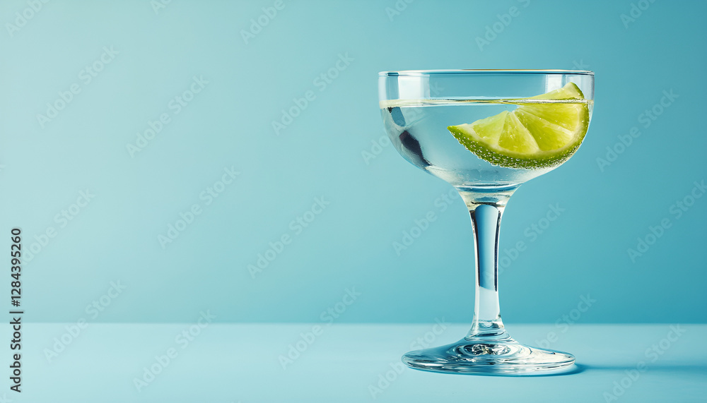 Fototapeta premium Margarita or Daiquiri cocktail in glass with lime on blue background, copy space. Trendy concept of cocktail party, classic cocktail recipe