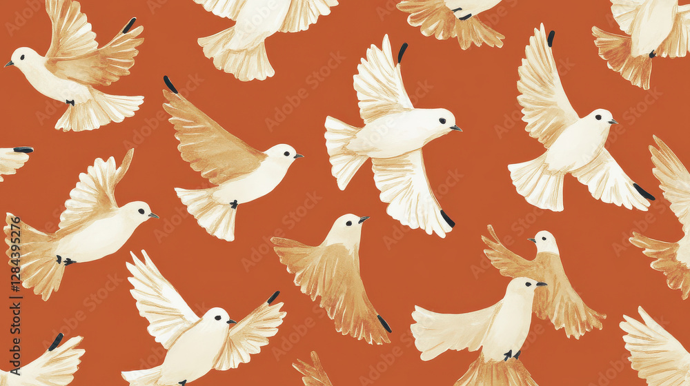 A repeating pattern of small white birds with black-tipped wings, perched and mid-flight, displayed against a warm burnt orange backdrop A repeating pattern of small white birds with black-tipped wings, perched and mid-flight, displayed against a warm burnt orange backdrop
