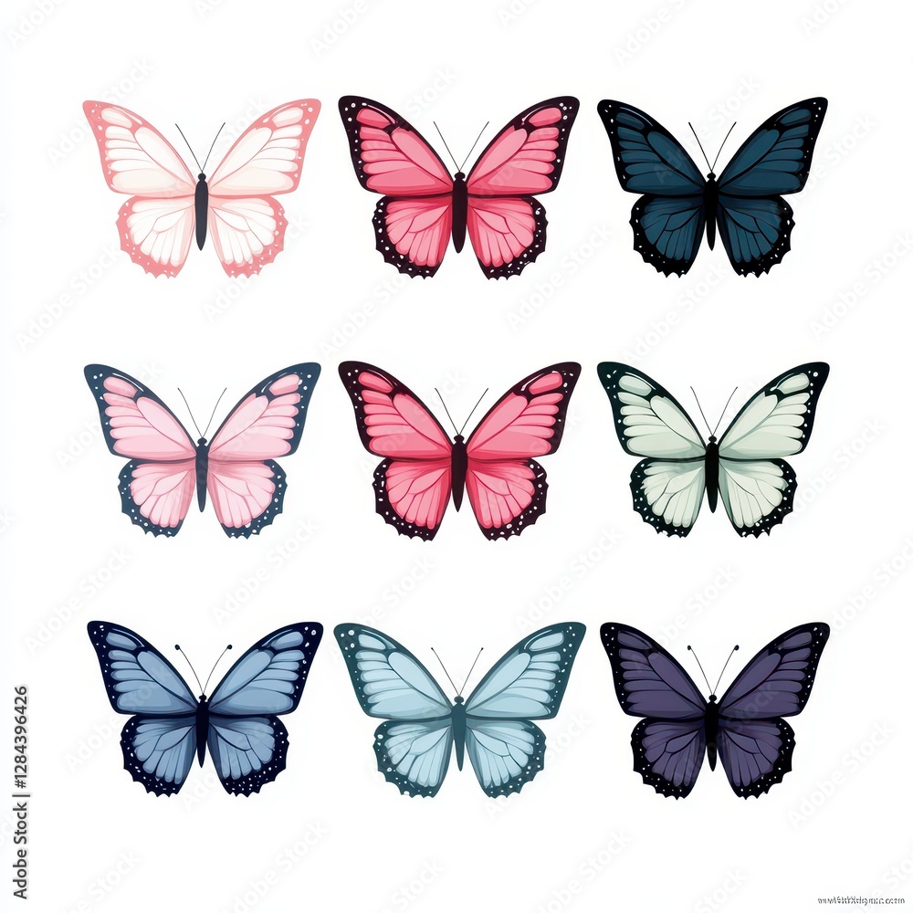 This display features nine distinct butterfly illustrations arranged in a grid. Each butterfly showcases unique colors and designs, highlighting their natural beauty This display features nine distinct butterfly illustrations arranged in a grid. Each butterfly showcases unique colors and designs, highlighting their natural beauty