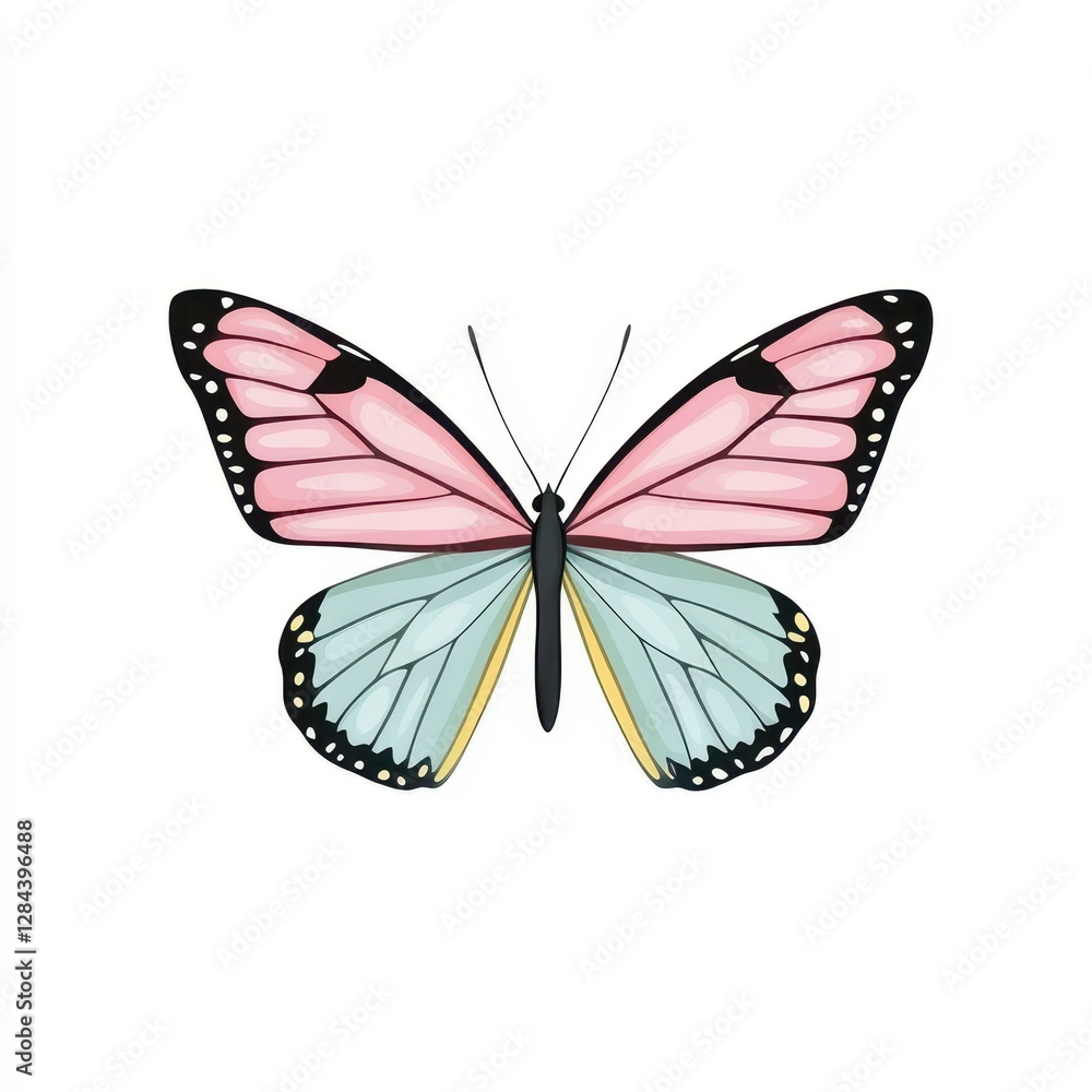 Obraz premium A vibrant butterfly displays large pink and blue wings adorned with black edges. It is positioned centrally against a clean white backdrop, emphasizing its intricate patterns and colors