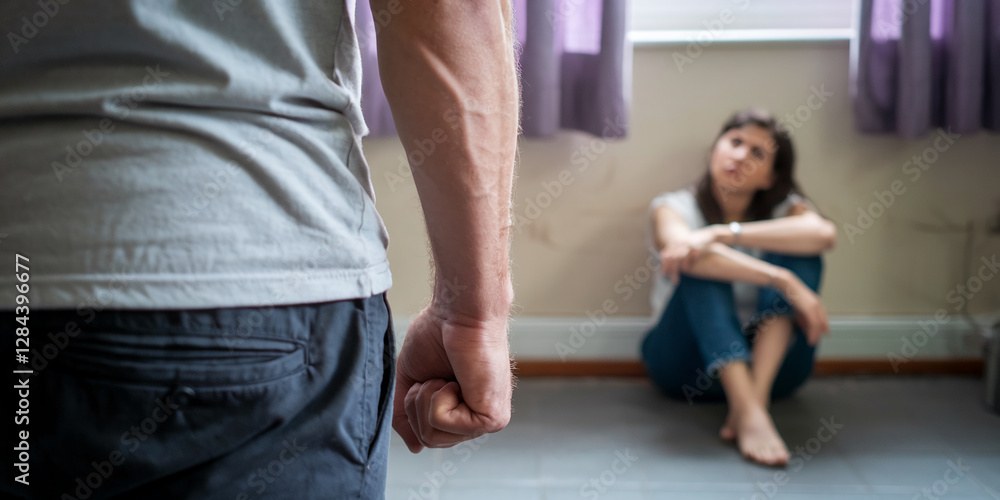 A man with clenched fist standing in front of a woman sitting on the floor, symbolizing domestic conflict, emotional distress, and tense relationship dynamics in an indoor setting. A man with clenched fist standing in front of a woman sitting on the floor, symbolizing domestic conflict, emotional distress, and tense relationship dynamics in an indoor setting.