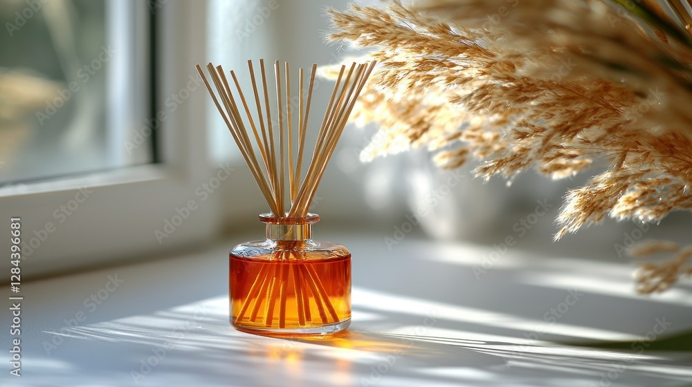 Fototapeta premium Aromatic reed diffuser on windowsill with dried pampas grass