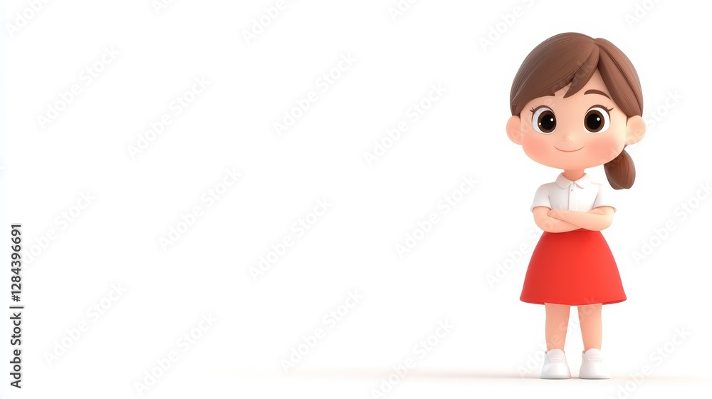 A cheerful animated girl with brown hair in a ponytail wears a white shirt and red skirt. She stands confidently with her arms crossed, radiating positivity and joy A cheerful animated girl with brown hair in a ponytail wears a white shirt and red skirt. She stands confidently with her arms crossed, radiating positivity and joy