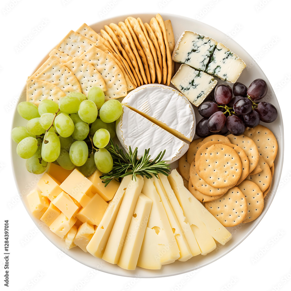 A Gourmet Cheese Platter with Crackers and Grapes Isolated on Transparent Background A Gourmet Cheese Platter with Crackers and Grapes Isolated on Transparent Background