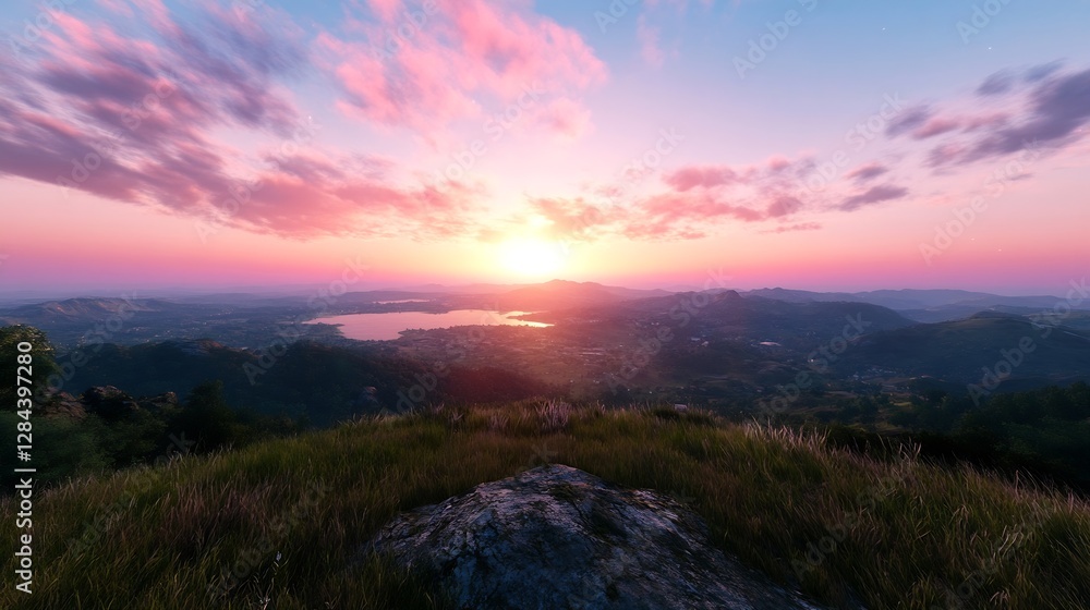Breathtaking sunset view from a hilltop overlooking a serene lake and lush valleys : Generative AI Breathtaking sunset view from a hilltop overlooking a serene lake and lush valleys : Generative AI