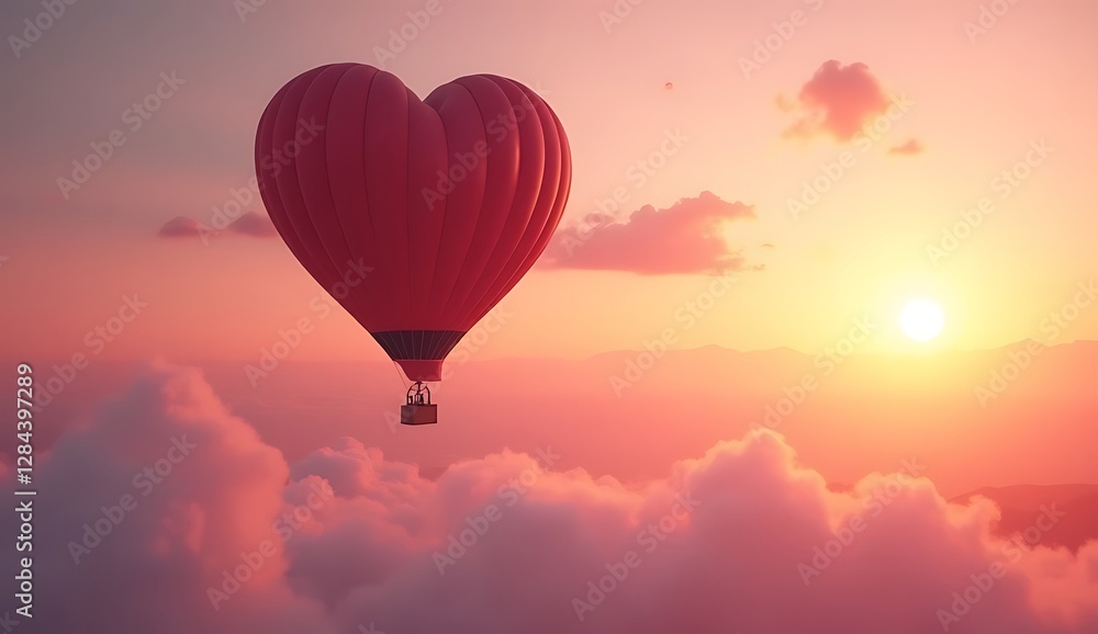 Fototapeta premium Heart-Shaped Hot Air Balloon in Pink and Orange Sunset Sky