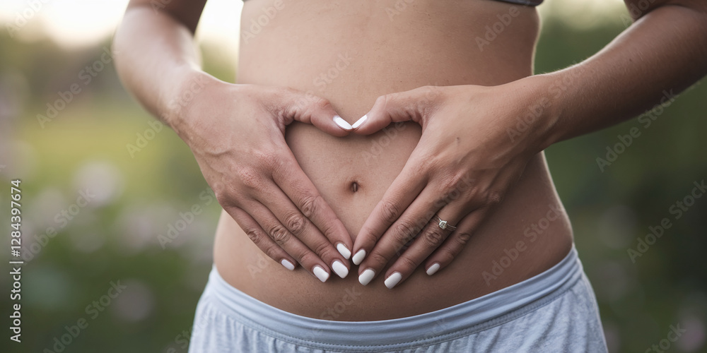 A close-up of a woman's hands forming a heart shape over her pregnant belly in a natural outdoor setting, symbolizing love, pregnancy, and the bond between expecting parents. A close-up of a woman's hands forming a heart shape over her pregnant belly in a natural outdoor setting, symbolizing love, pregnancy, and the bond between expecting parents.