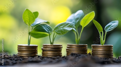 Growing plants emerging from coins symbolizing financial growth and sustainability : Generative AI photo