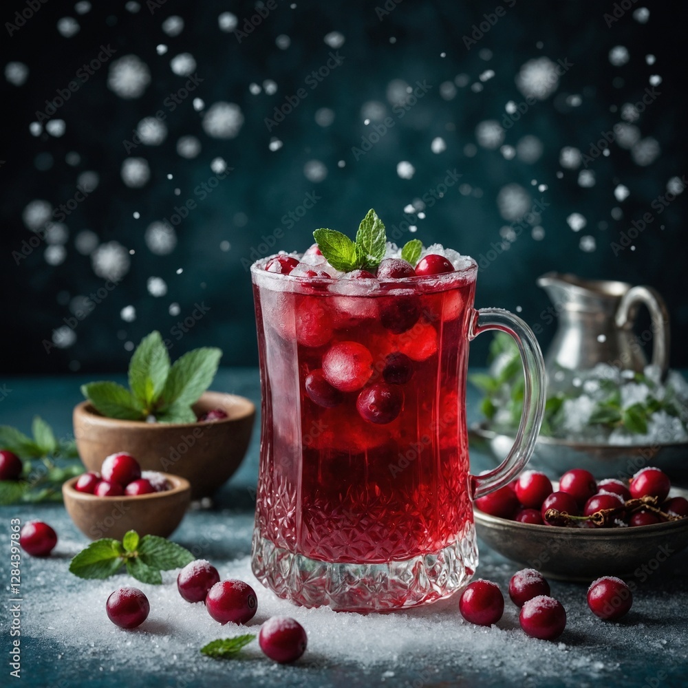 A winter, autumn cocktail with cranberry and rosemary in a glass rimmed with sugar, garnished with a sprig of rosemary. Fresh cranberries and festive decorations backdrop A winter, autumn cocktail with cranberry and rosemary in a glass rimmed with sugar, garnished with a sprig of rosemary. Fresh cranberries and festive decorations backdrop