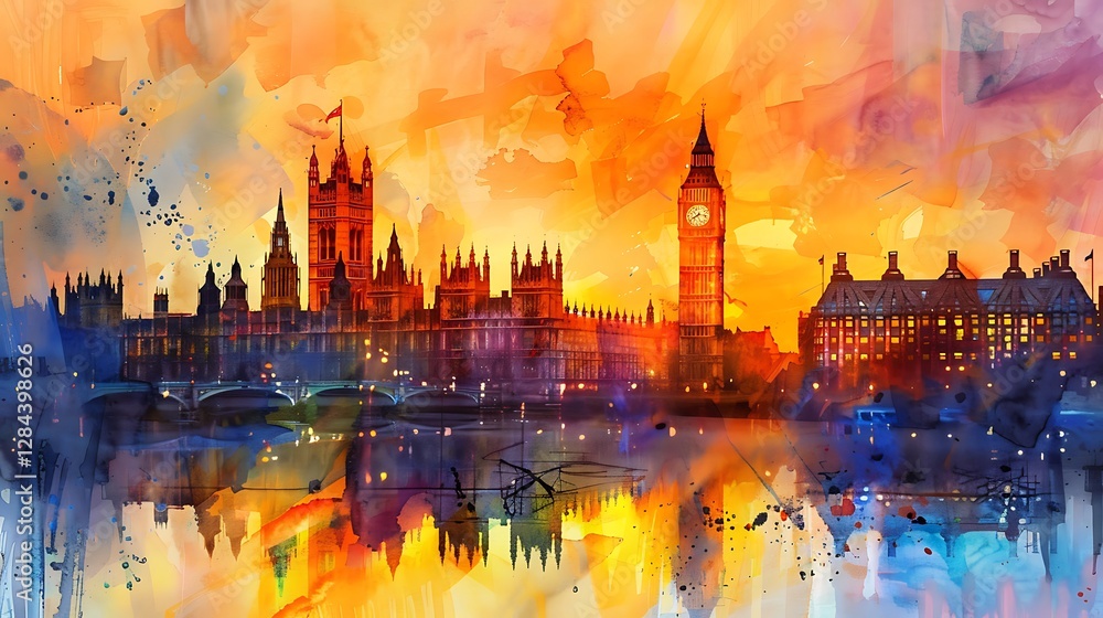 Fototapeta premium Big Ben and Houses of Parliament on watercolor background, London, UK