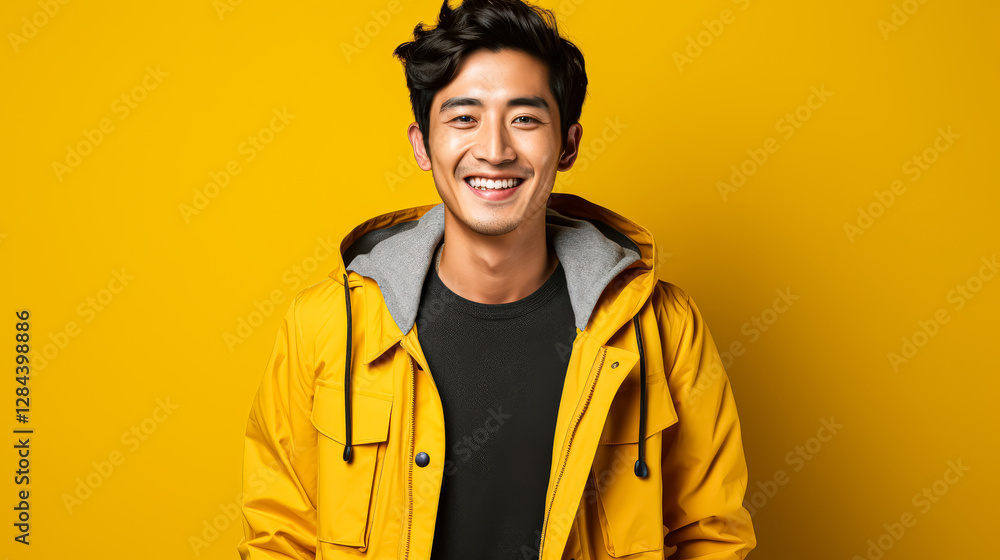 Fototapeta premium Man in a yellow jacket is smiling and posing for a picture. The bright yellow color of his jacket and the yellow background create a cheerful and positive mood