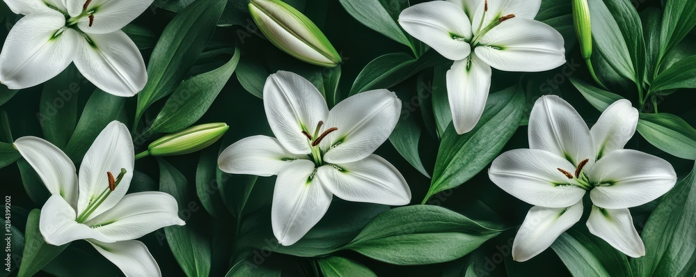Fototapeta premium White lilies with lush green leaves on dark background