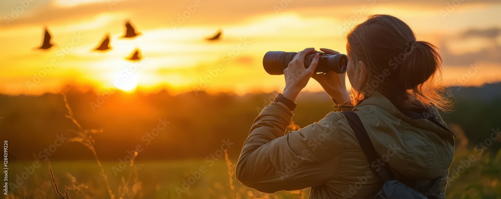 Fototapeta premium Female birdwatcher observing birds at sunset in nature