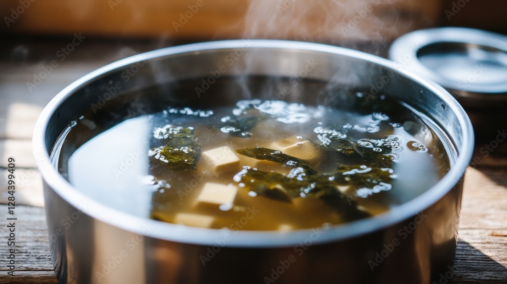 Miso soup with seaweed, tofu, and agar agar offers comforting flavors and nutrients in a steaming bowl Miso soup with seaweed, tofu, and agar agar offers comforting flavors and nutrients in a steaming bowl