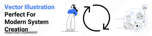 Woman pondering, circular arrows indicating process flow, bioecosystem with plants and nutrition symbols. Ideal for sustainability, decision-making, process design, recycling, environmental concepts