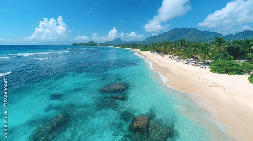 Obraz premium Tropical beach with white sand and turquoise water meeting lush green vegetation in nevis, st kitts and nevis
