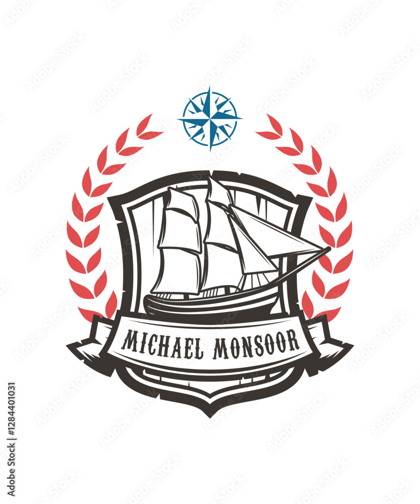 Obraz premium Legacy of Valor This title pays tribute to Michael Monsoor, who was known for his bravery and service. The sailing ship symbolizes adventure and dedication, while the wreath and compass rose add eleme