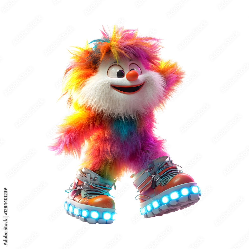 A Fluffy 3D Cartoon Character Wearing Glowing Clown Shoes Isolated on Transparent Background A Fluffy 3D Cartoon Character Wearing Glowing Clown Shoes Isolated on Transparent Background