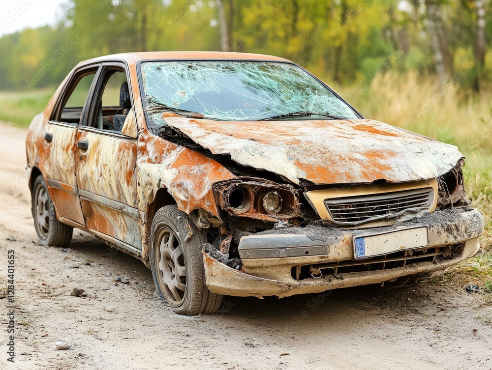 Rusted, wrecked car abandoned on a dirt road, showing significant damage to the front and side. Rusted, wrecked car abandoned on a dirt road, showing significant damage to the front and side.