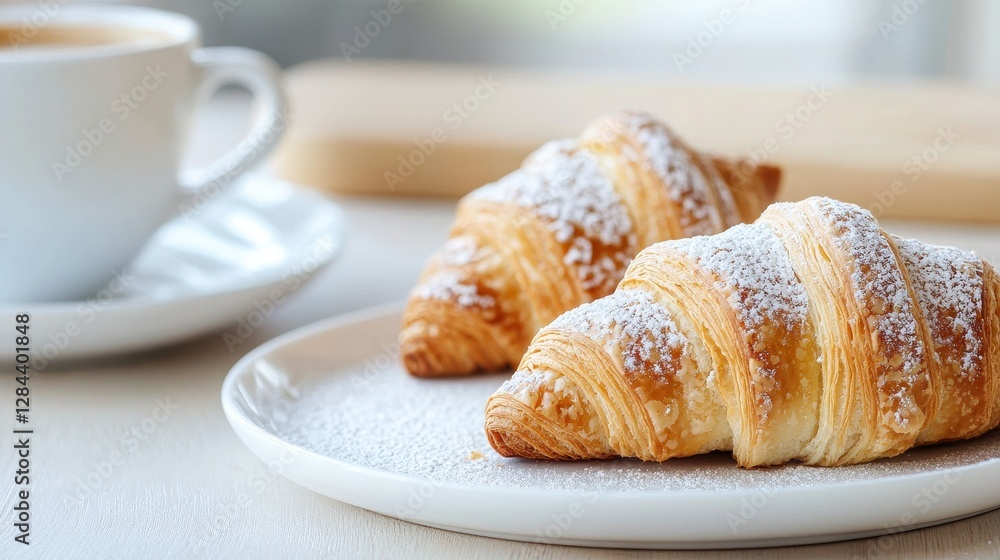 Freshly Baked Croissants on White Plate with Coffee Cup in Bright Morning Light Freshly Baked Croissants on White Plate with Coffee Cup in Bright Morning Light