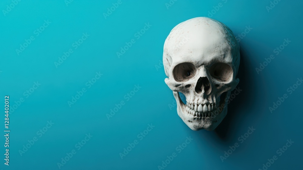 White skull on vibrant teal background in minimalist composition White skull on vibrant teal background in minimalist composition