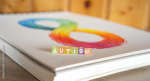 Autism awareness symbol with colorful infinity sign painted on sketchbook