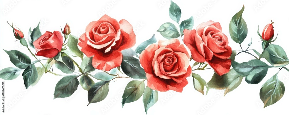 Naklejka premium Vibrant red roses with lush green leaves in watercolor style