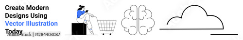 Woman browsing on laptop beside shopping cart, abstract brain illustration for creativity, cloud icon for online storage. Ideal for e-commerce, innovation, technology, education, brainstorming