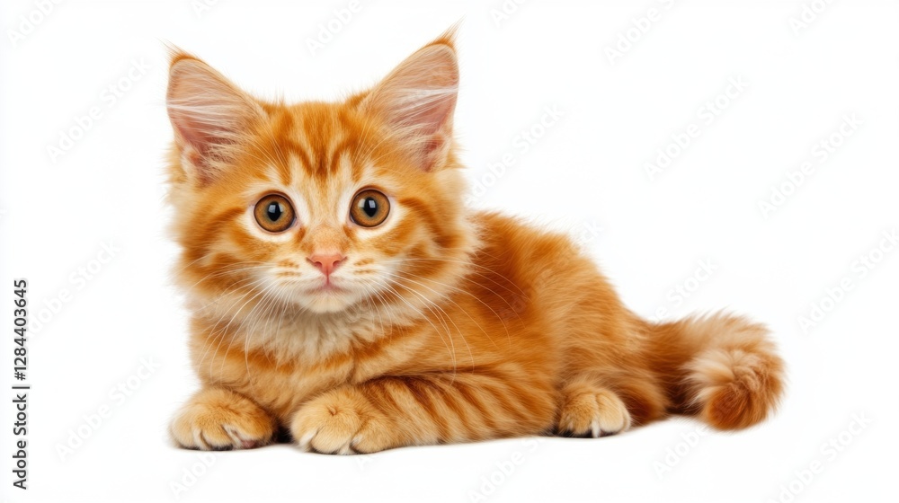 Fluffy Orange Kitten With Bright Eyes Lying Playfully on White Background Fluffy Orange Kitten With Bright Eyes Lying Playfully on White Background