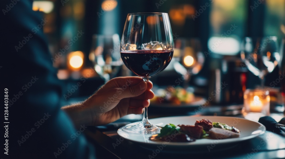 Obraz premium Moderate drinking while enjoying a meal at a high-end restaurant. Featuring sophistication and restraint