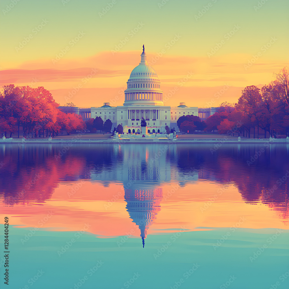 Obraz premium Us capitol building reflecting in water at sunrise with colorful sky