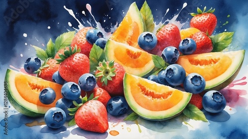 Vibrant fruit medley featuring watermelon, blueberries, and strawberries with colorful splashes
