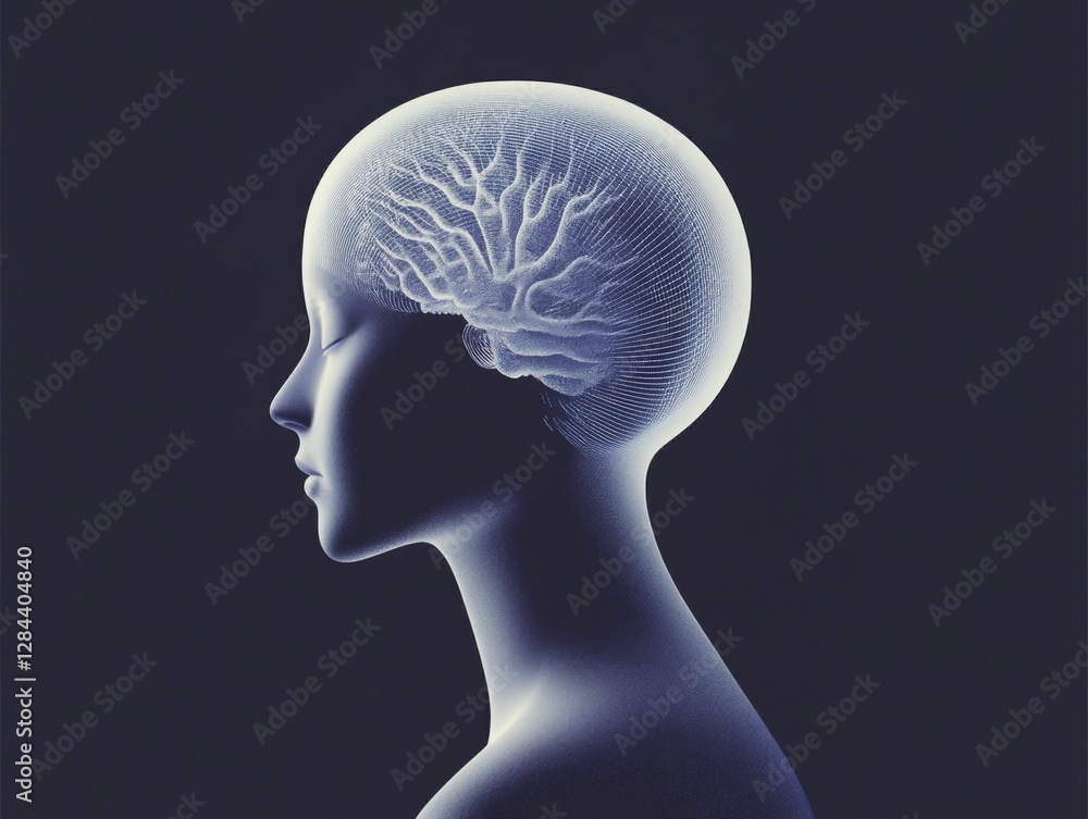 Obraz premium Futuristic Female Head with a Digital Neural Brain Structure