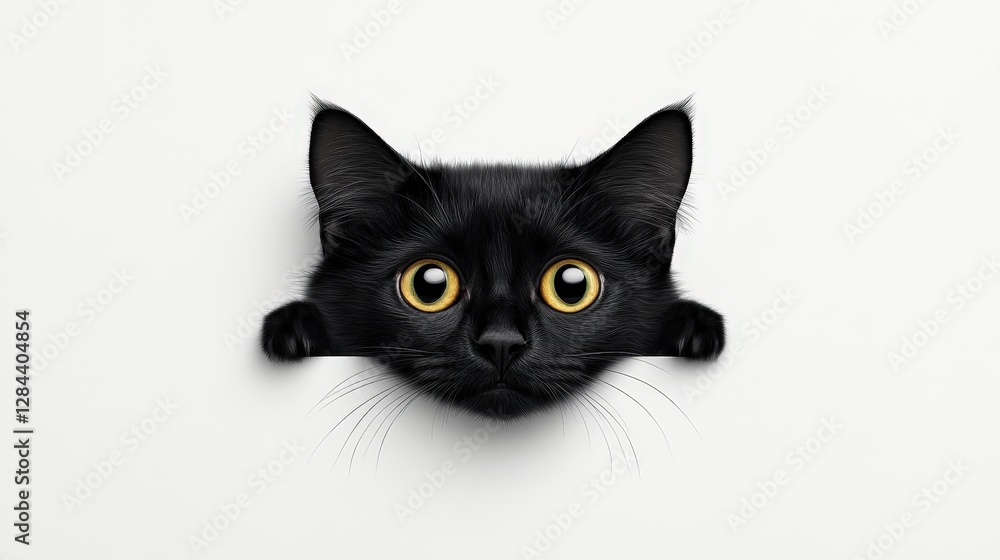 Curious Black Cat With Yellow Eyes Peeking Through A White Surface Curious Black Cat With Yellow Eyes Peeking Through A White Surface