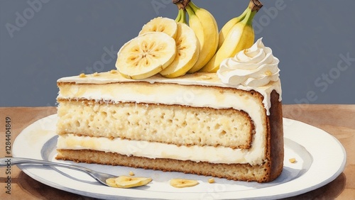 Delicious banana cream cake slice garnished with fresh banana slices and whipped cream